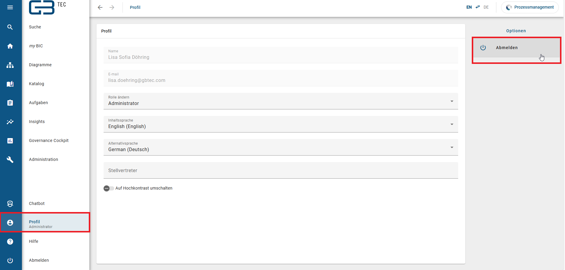 Der Screenshot zeigt die Schaltfläche Logout.