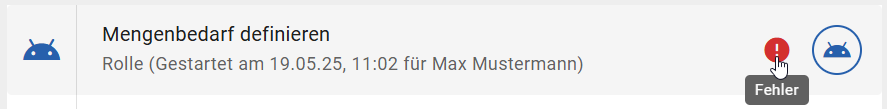 Der Screenshot zeigt die Fehlermarkierung an einer fehlgeschlagenen Skript Aufgabe.