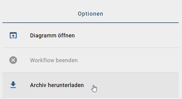 In diesem Screenshot ist die Option "Archiv herunterladen" im Audit Trail eines Workflows gezeigt.
